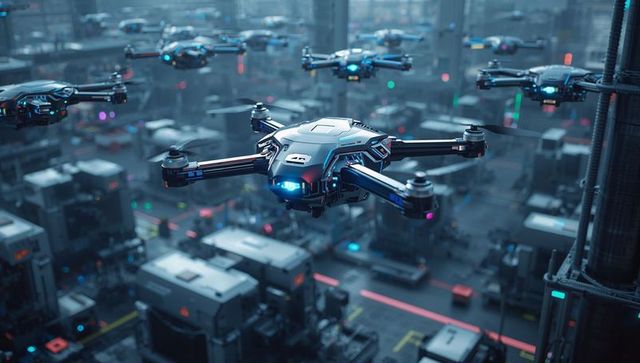 Futuristic Drones in Industrial Cityscape