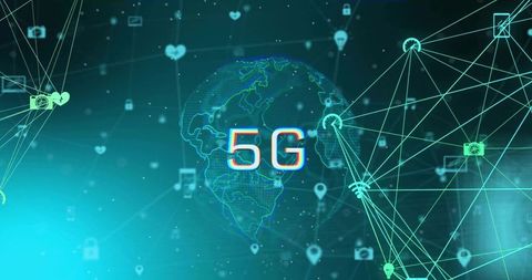 5g network globe with neon nodes, radiating connectivity lines and futuristic cyber grid