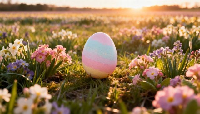 Pastel easter egg standing among primroses in sunlit wildflower meadow at golden hour