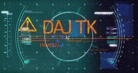 Futuristic hud reticle with amber alert triangle and cyberpunk diagnostic interface