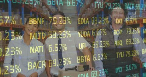 Warehouse team smiling with stock market data overlay