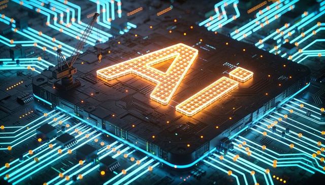 Glowing ai microchip on circuit board with neon traces, miniature cranes and amber nodes