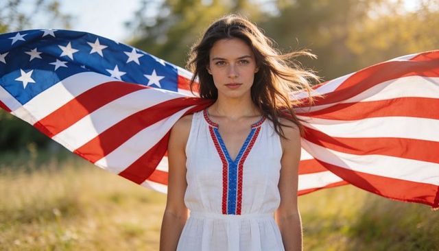 Young woman wrapping american flag while standing in sunlit meadow during golden hour