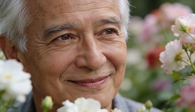 Smiling senior man enjoying rose garden closeup portrait with soft bokeh and warmth