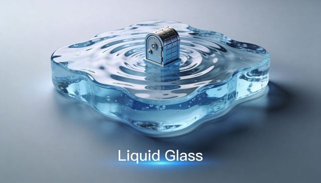 Liquid glass puddle with safe chest creating ripples and reflections, digital concept