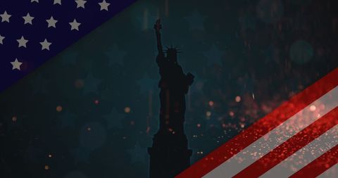 Statue of Liberty and American Flag Silhouette with Sparkling Accents