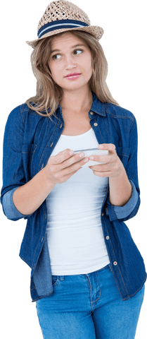 Woman texting in casual outwear with transparent background