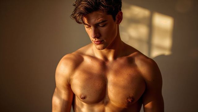 Shirtless male model posing in warm window light highlighting muscular chest and jawline