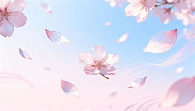 Floating pink sakura blossom drifting across pastel sky with gentle falling petals