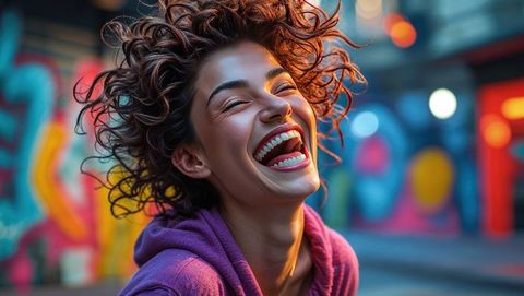 Joyful woman with crazy curly hair laughing in colorful urban alley