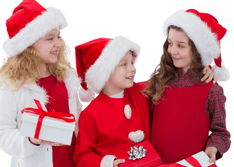 Happy Children in Santa Hats Sharing Christmas Presents Transparent