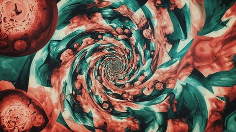Surreal cosmic swirl with vortex and lunar spheres