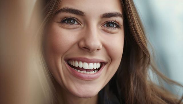 Radiant smiling woman with long brown hair in soft focus