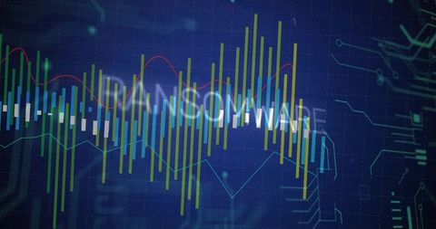 Futuristic financial dashboard featuring layered bar and line charts with neon circuitry