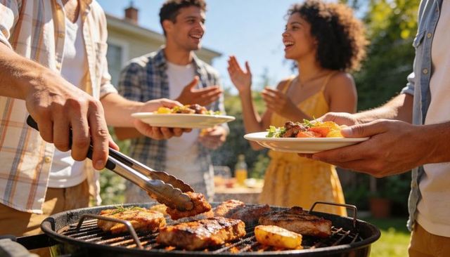 Friends enjoying backyard barbecue grilling steaks on charcoal grill summer gathering