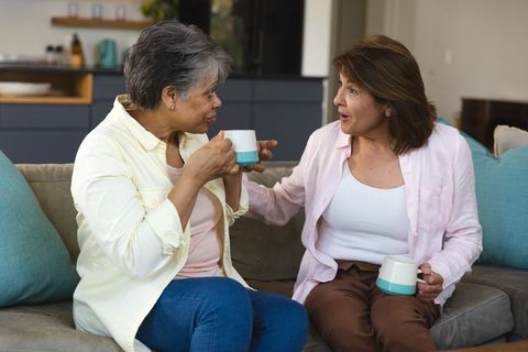 Middle-Aged Women Relaxing at Home with Tea