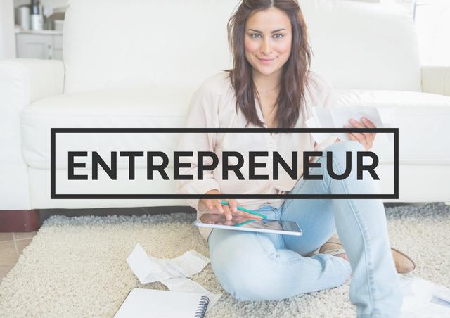 This image features a smiling woman sitting on the floor, using a digital tablet with paperwork around her. The word 'Entrepreneur' is prominently displayed in a text overlay. Ideal for articles, blogs, and websites focused on entrepreneurship, startups, business innovation, and modern work-from-home lifestyles.