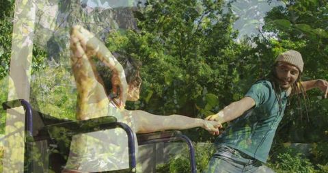 Inclusive rehabilitation in nature: woman in wheelchair and therapist