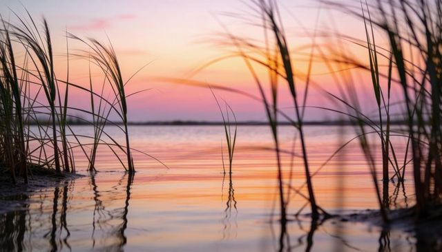 Pastel sunrise swaying marsh reeds reflecting on calm lagoon water