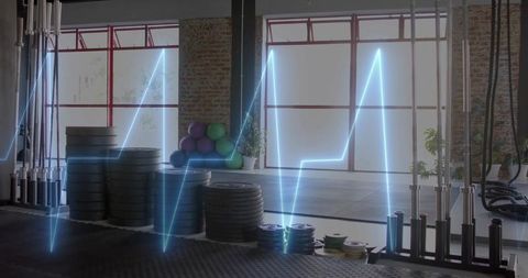 Stacked weight plates on gym platform with neon blue heartbeat waveform overlay