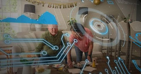 Futuristic family birthday moment with adult son arranging cake in living room HUD overlay