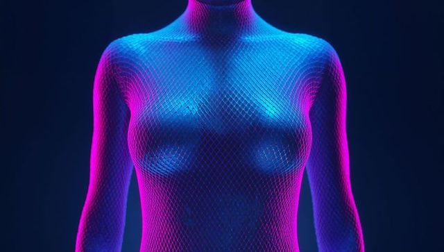 Neon Mesh Fashion Rave Outfit Illuminated with Cyan and Magenta Lighting