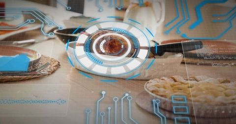 Augmented breakfast hud over ceramic coffee cup and lattice pie on wooden table