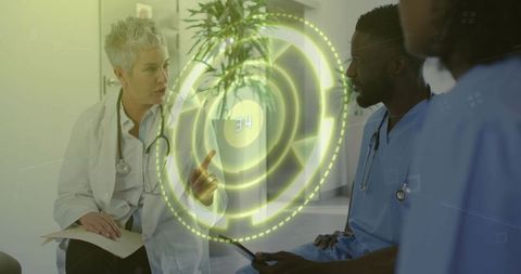 Medical Team Engaging with Holographic Interface Technology in Hospital Lounge