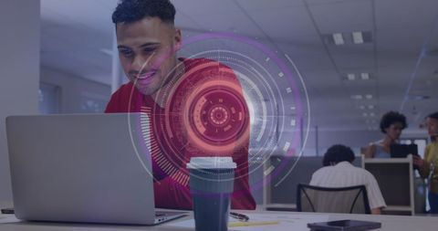 Smiling Professional Engages with Futuristic Technology Interface