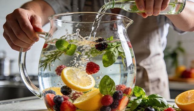 Refreshing fruit herb infused water pouring into glass pitcher on kitchen counter