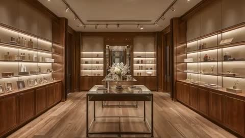 Smooth dolly push toward central display table in luxury boutique with floral arrangement