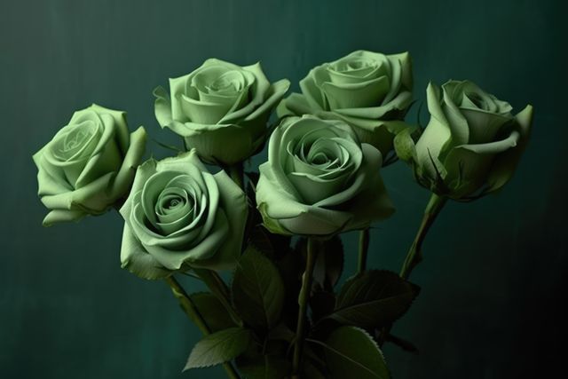 This depicts a close-up view of green roses against a dark green background, highlighting the details of the petals and overall elegance. Suitable for use in floral design inspiration, home decor ideas, eco-friendly themes, or natural beauty concepts.