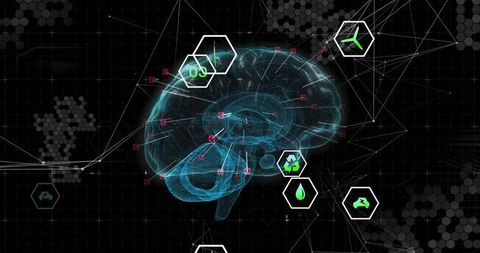 Holographic Brain Displaying Neural Network with Hex Badges and Data Mesh Interface