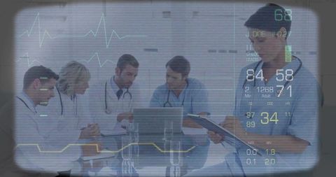 Medical team reviewing patient data with hud vitals overlay during clinical meeting