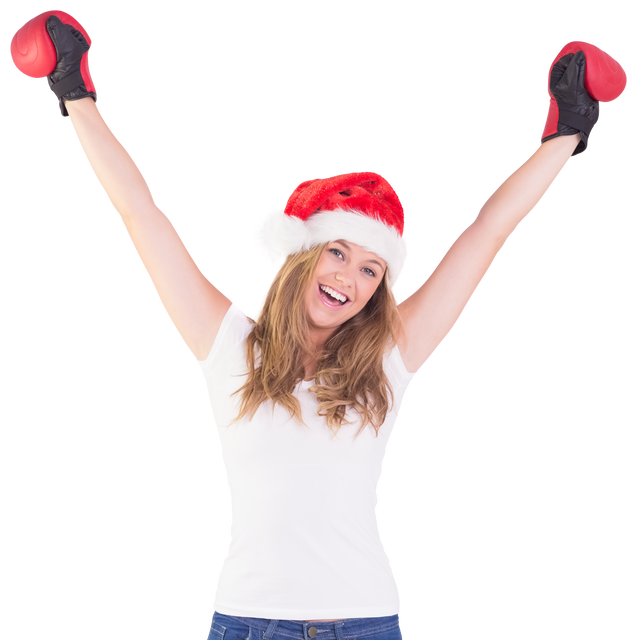 Festive Woman Wearing Santa Hat and Boxing Gloves on Transparent Background - Download Free Stock Videos Pikwizard.com