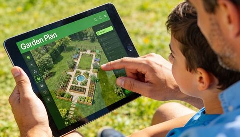 Parent and Child Planning Backyard Garden on Tablet Using Interactive Landscape Design App
