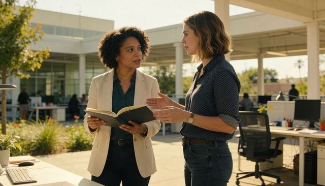 Two women collaborating in outdoor office courtyard discussing project with notebook daylight