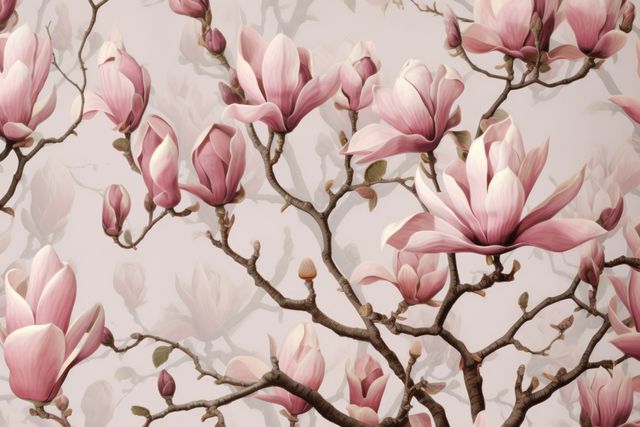 Pink magnolia flowers on pink background, created using generative ai technology. Magnolia, flower, nature and spring concept digitally generated image.