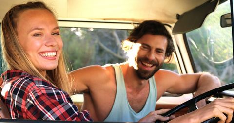 Happy Hipster Couple Enjoying Road Trip Adventure - Download Free Stock Images Pikwizard.com