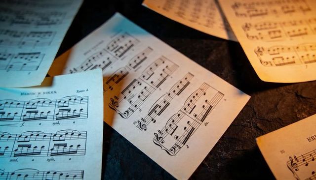 Vintage piano sheet music scattered on textured stone table with warm and cool lighting
