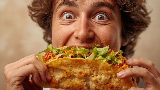 Hispanic man biting giant cheesy taco sandwich, gripping mouthwatering closeup