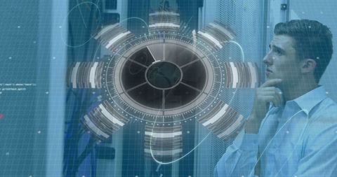 Futuristic IT Professional with Holographic Interface Analyzing Server Room