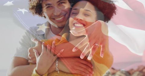 Happy Couple Celebrating Engagement with American Flag Overlay