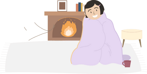 Cartoon woman wrapped in lavender blanket by fireplace on transparent background