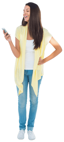 Happy woman texting on smartphone with transparent background