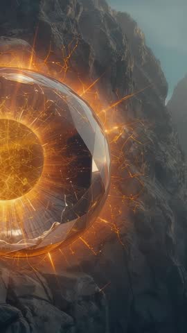 Vertical sci-fi orb bursting open on cliffside revealing molten core and electric sparks