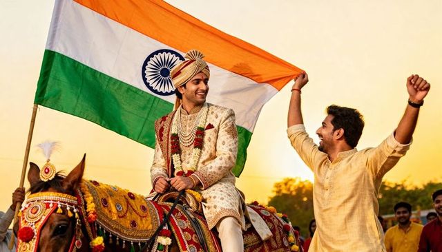 Indian groom riding decorated horse holding flag during sunset wedding procession