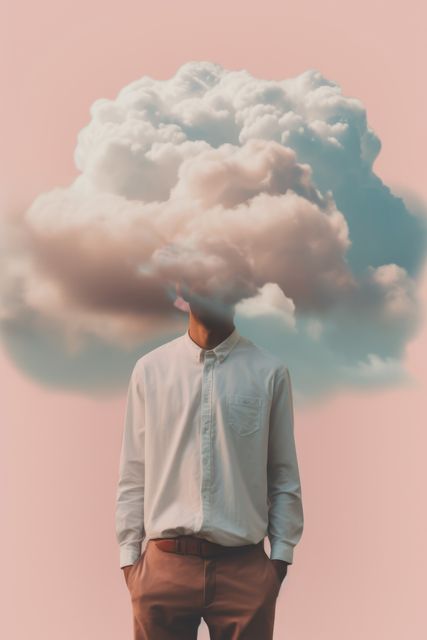 Man with face covered by cloud on pink background, created using generative ai technology. Faceless person, anonymity and colour concept digitally generated image.