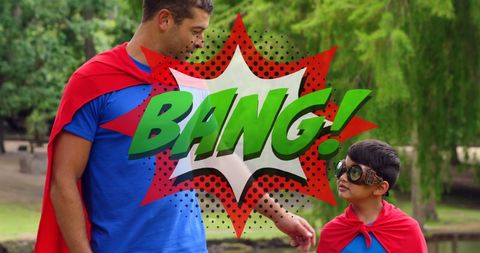 Father and son superheroes in park with comic text overlay