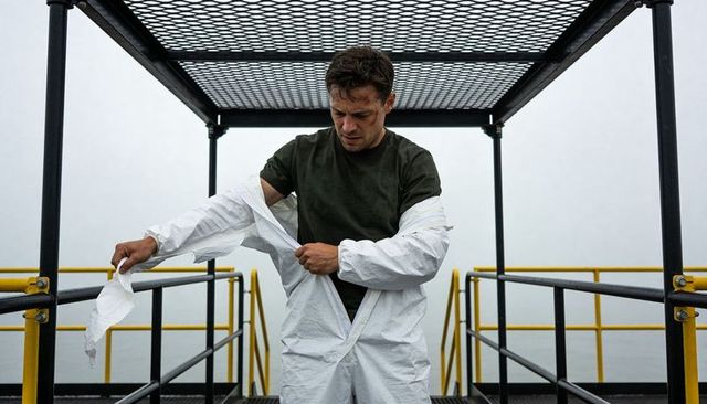 Removing torn protective coverall on offshore grated platform with yellow railings